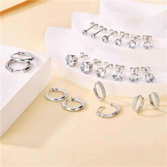 10 Pairs Silver Stud Earrings and Hoop Earrings for Women, Surgical Steel - Picture 6 of 7